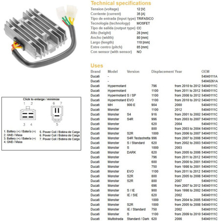 DZE REGULATOR NAPIĘCIA DUCATI 600/620/748/750/796/800/900/916/944/992/996/1000/1100 '98-'12 - ZASTĘPUJE 2354-01