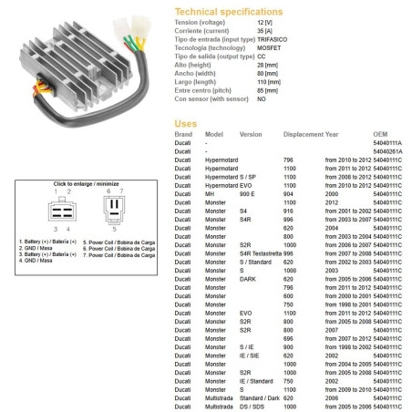 DZE REGULATOR NAPIĘCIA DUCATI 600/620/748/750/796/800/900/916/944/992/996/1000/1100 '98-'12 - ZASTĘPUJE 2354-01