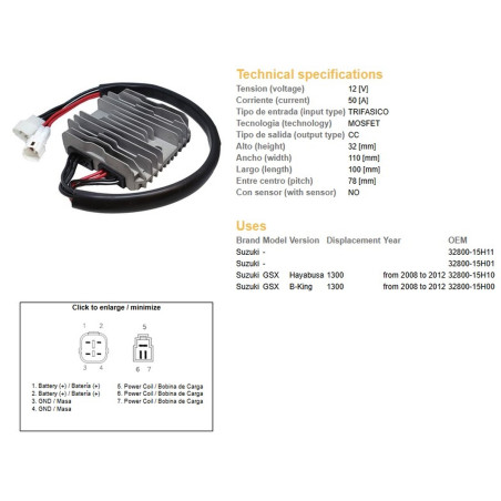 DZE REGULATOR NAPIĘCIA SUZUKI GSXR 1300 HAYABUSA '08-'12; B-KING 1300 '08-'12 (50A) (OEM:32800-15H10)