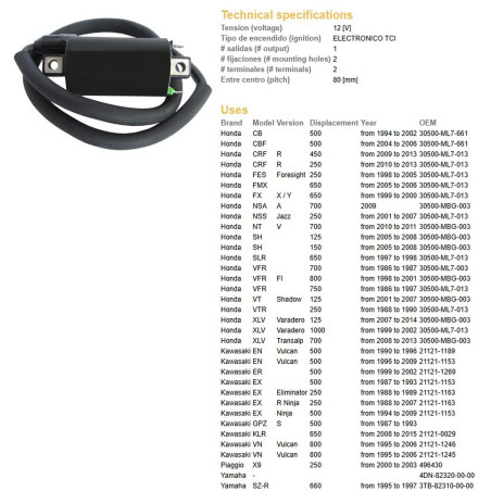 DZE CEWKA ZAPŁONOWA HONDA CB/CBF/FES/NSA/NSS/NT/SH/VFR/XLV; KAWASAKI EN/ER/EX/GPZ/KLR/VN; YAMAHA XT/XV