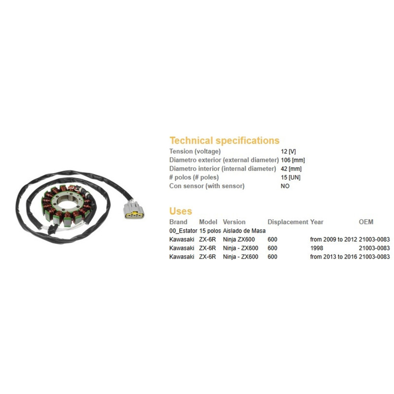 DZE UZWOJENIE ALTERNATORA (STATOR) KAWASAKI ZX-6R NINJA '09-'16 ( OEM 21003-0083)