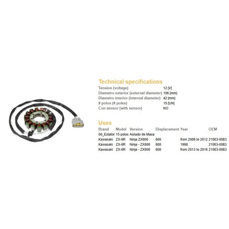DZE UZWOJENIE ALTERNATORA (STATOR) KAWASAKI ZX-6R NINJA '09-'16 ( OEM 21003-0083)