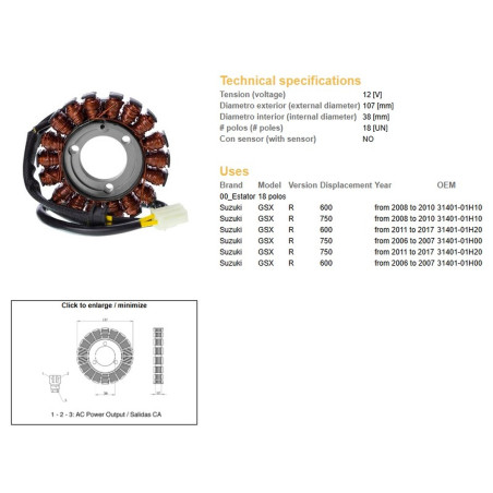 DZE UZWOJENIE ALTERNATORA (STATOR) SUZUKI GSX 600R '08-'17; GSX 750R '06-'17 (OEM 31401-01H20)