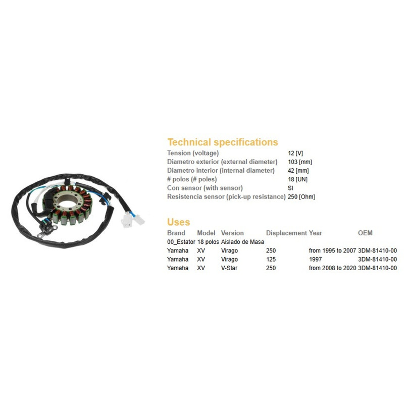 DZE UZWOJENIE ALTERNATORA (STATOR) YAMAHA XV 125 VIRAGO '97; XV 250 VIRAGO '95-'07 (OEM 3DM-81410-00)