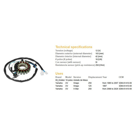 DZE UZWOJENIE ALTERNATORA (STATOR) YAMAHA XV 125 VIRAGO '97; XV 250 VIRAGO '95-'07 (OEM 3DM-81410-00)