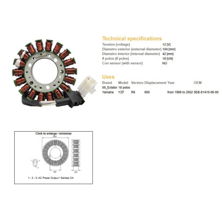 DZE UZWOJENIE ALTERNATORA (STATOR) YAMAHA YZF 600 R6 '99-'02 (OEM 5EB-81410-00-00)