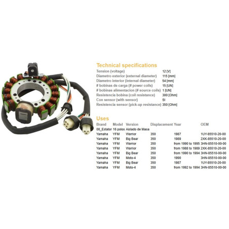 DZE UZWOJENIE ALTERNATORA (STATOR) YAMAHA YFM 350 BIG BEAR '89-'94; WARRIOR '87-'95 (ESG432) (OEM-3HN-85510-20-00)