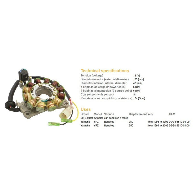 DZE UZWOJENIE ALTERNATORA (STATOR) YAMAHA YFZ 350 BANSHEE '95-'06 (3GG-85510-01-00; 3GG-85510-00-00) (ESG870)