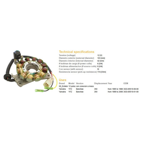 DZE UZWOJENIE ALTERNATORA (STATOR) YAMAHA YFZ 350 BANSHEE '95-'06 (3GG-85510-01-00; 3GG-85510-00-00) (ESG870)