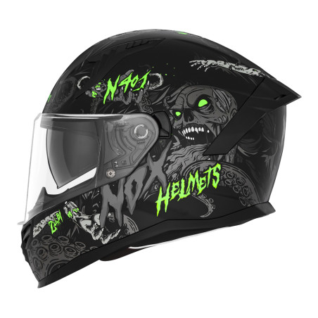 NOX PROMOCJA KASK INTEGRALNY (FULL FACE) Z BLENDĄ N401 ZUMBI KOLOR CZARNY/ZIELONY FLUO MAT ROZMIAR XXL