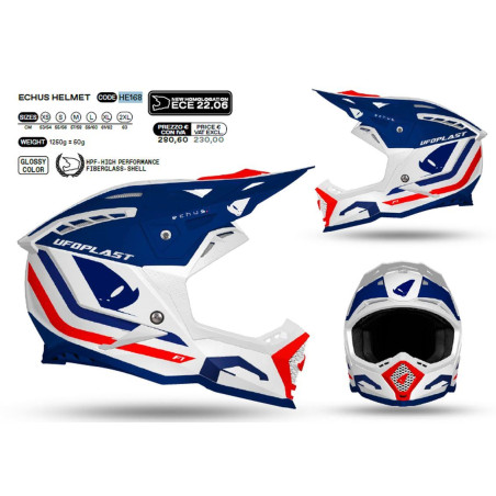 UFO KASK ECHUS CROSS FIBERGLASS KOLOR NIEBIESKI/BIAŁY/POMARAŃCZOWY ROZMIAR XL ( ECE 22R06 ) - KOLEKCJA 2025/2026