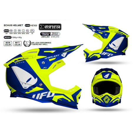 UFO KASK ECHUS CROSS FIBERGLASS KOLOR NIEBIESKI/ŻÓŁTY FLUO ROZMIAR M ( ECE 22R06 ) - KOLEKCJA 2025/2026