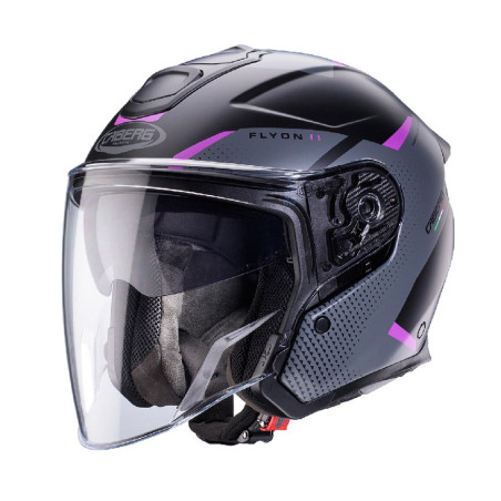 CABERG PROMOCJA KASK OTWARTY JET OTWARTY FLYON II BOSS KOLOR CZARNY MAT/SZARY/FUKSJA (INTENSYWNY ODCIEŃ RÓŻOWEGO) ROZMIAR XS