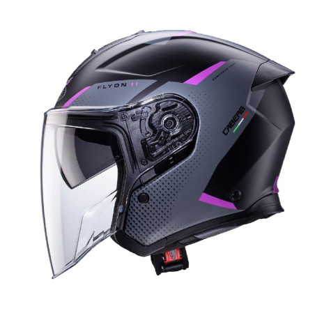 CABERG PROMOCJA KASK OTWARTY JET OTWARTY FLYON II BOSS KOLOR CZARNY MAT/SZARY/FUKSJA (INTENSYWNY ODCIEŃ RÓŻOWEGO) ROZMIAR XS