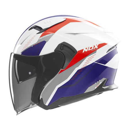 NOX PROMOCJA KASK OTWARTY JET Z BLENDĄ N130 MYST KOLOR BIAŁY/NIEBIESKI/CZERWONY ROZMIAR M