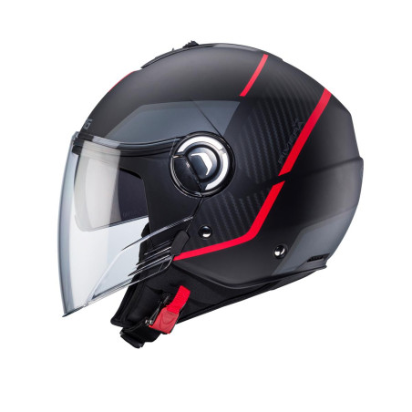 CABERG WYPRZEDAZ KASK OTWARTY JET Z BLENDĄ MODEL RIVIERA V4X GEO KOLOR CZARNY MAT/CZERWONY/SZARY ROZMIAR XS