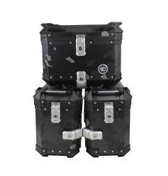ZESTAW 3 KUFRÓW ALUMINIOWYCH (2X36L SYMETRYCZNE + 45L) COOCASE SZARY CAMO Z TORBĄ WEWNĘTRZNĄ