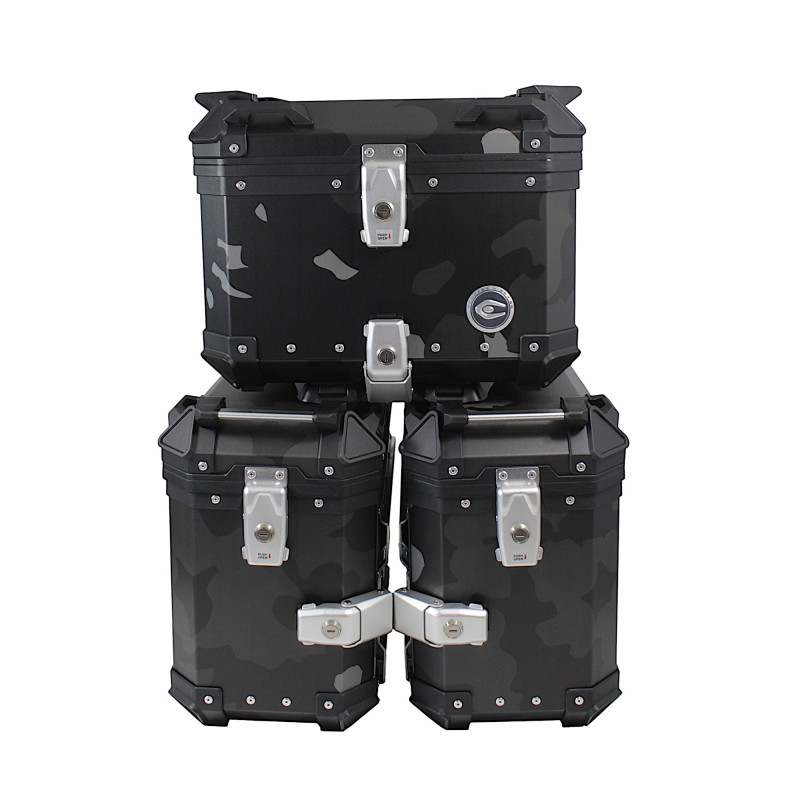 ZESTAW 3 KUFRÓW ALUMINIOWYCH (2X36L SYMETRYCZNE + 45L) COOCASE SZARY CAMO Z TORBĄ WEWNĘTRZNĄ ZESTAW 3 KUFRÓW ALUMINIOWYCH (2X36L SYMETRYCZNE + 45L) COOCASE SZARY CAMO Z TORBĄ WEWNĘTRZNĄ