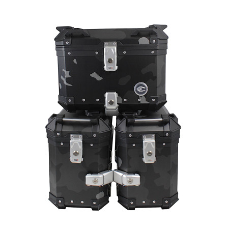 ZESTAW 3 KUFRÓW ALUMINIOWYCH (2X36L SYMETRYCZNE + 45L) COOCASE SZARY CAMO Z TORBĄ WEWNĘTRZNĄ