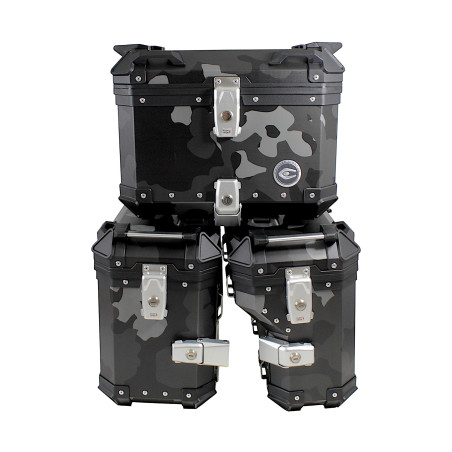 ZESTAW 3 KUFRÓW ALUMINIOWYCH (30L ASYMETRYCZNY + 36L + 45L) COOCASE SZARY CAMO Z TORBĄ WEWNĘTRZNĄ