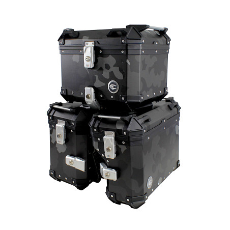 ZESTAW 3 KUFRÓW ALUMINIOWYCH (30L ASYMETRYCZNY + 36L + 45L) COOCASE SZARY CAMO Z TORBĄ WEWNĘTRZNĄ