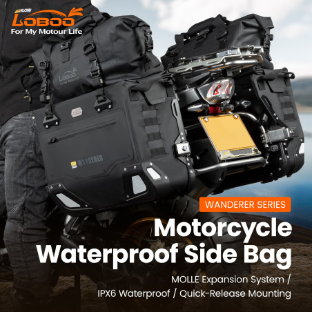 LOBOO Sakwy boczne WANDERER, materiał TPU, wodoodporne IPX6M, magnetyczne zapięcie, zamek, system MOLLE, czarne,1 zestaw - 2 szt