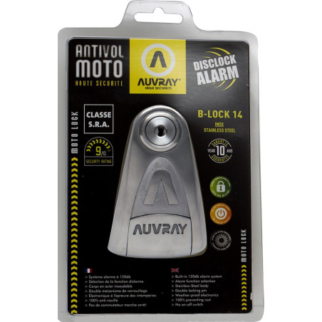 AUVRAY blokada na tarczę z alarmem B-LOCK 14 INOX - stal nierdzewna, średnica bolca 14mm (klasa S.R.A. oraz ART)