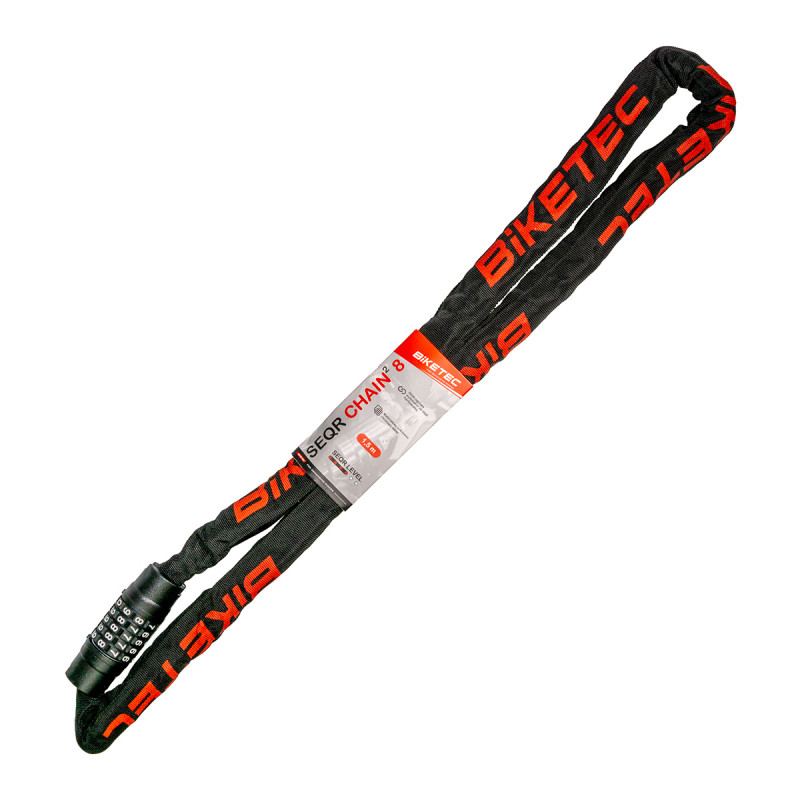 BIKETEC SEQR ŁAŃCUCH CP 1,5M, OCZKO 8MM, ZAMEK SZYFROWY 5 CYFROWY, CZARNA OTULINA