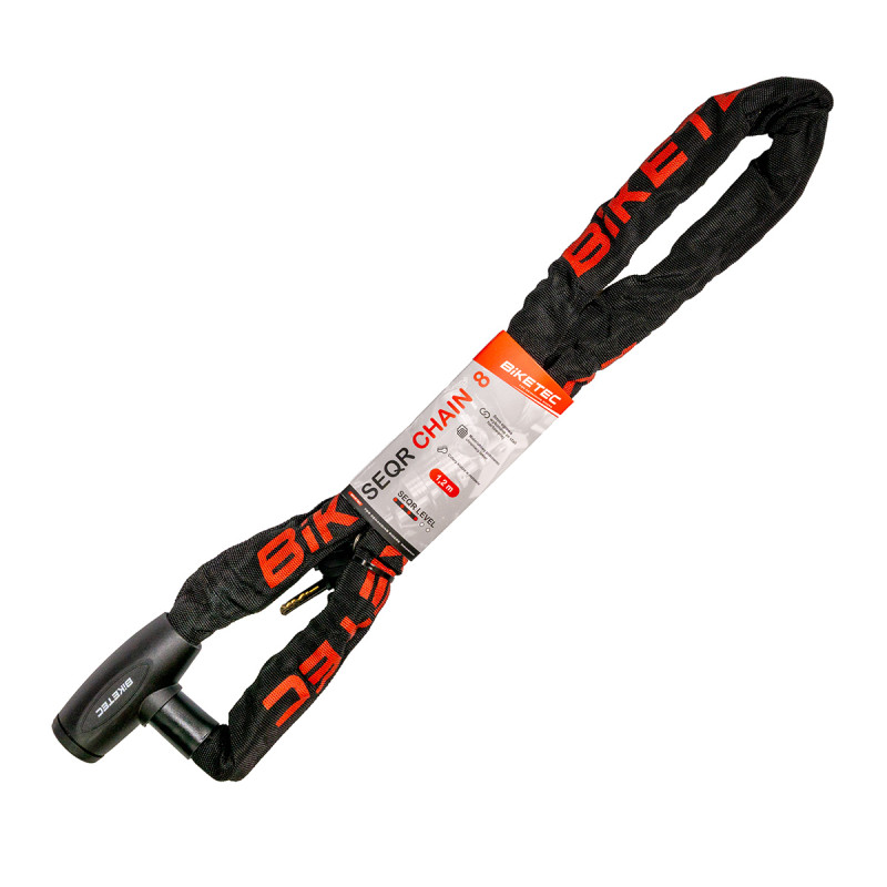 BIKETEC SEQR ŁAŃCUCH CP 1,2M, OCZKO 8MM, WBUDOWANA KŁÓDKA 3 KLUCZE, CZARNA OTULINA