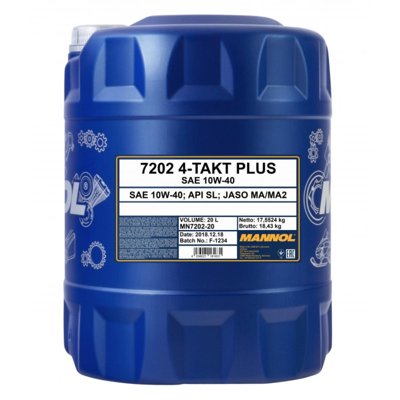 MANNOL OLEJ SILNIKOWY 4T PLUS 10W40 20L (API SL, JASO MA/MA2) SEMISYNTETYK (7202)