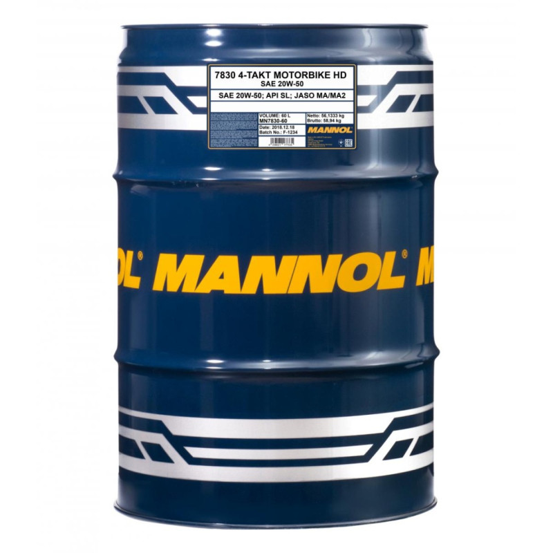 MANNOL OLEJ SILNIKOWY 4T MOTORBIKE HD 20W50 60L V-TWIN MA2 SEMISYNTETYK (7830) - BECZKA 60 L