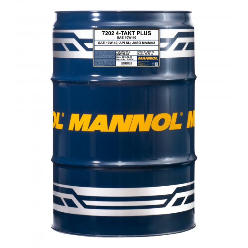 MANNOL OLEJ SILNIKOWY 4T PLUS 10W40 SEMISYNTETYK (API SL, JASO MA/MA2) (7202) BECZKA 60 L