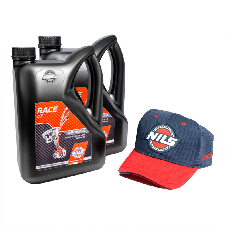 NILS PROMOCJA OLEJ SILNIKOWY 4T RACE SAE 10W40 100% SYNTETYK 2 X4 L + CZAPKA Z DASZKIEM CZERWONO-NIEBIESKA (AKC)