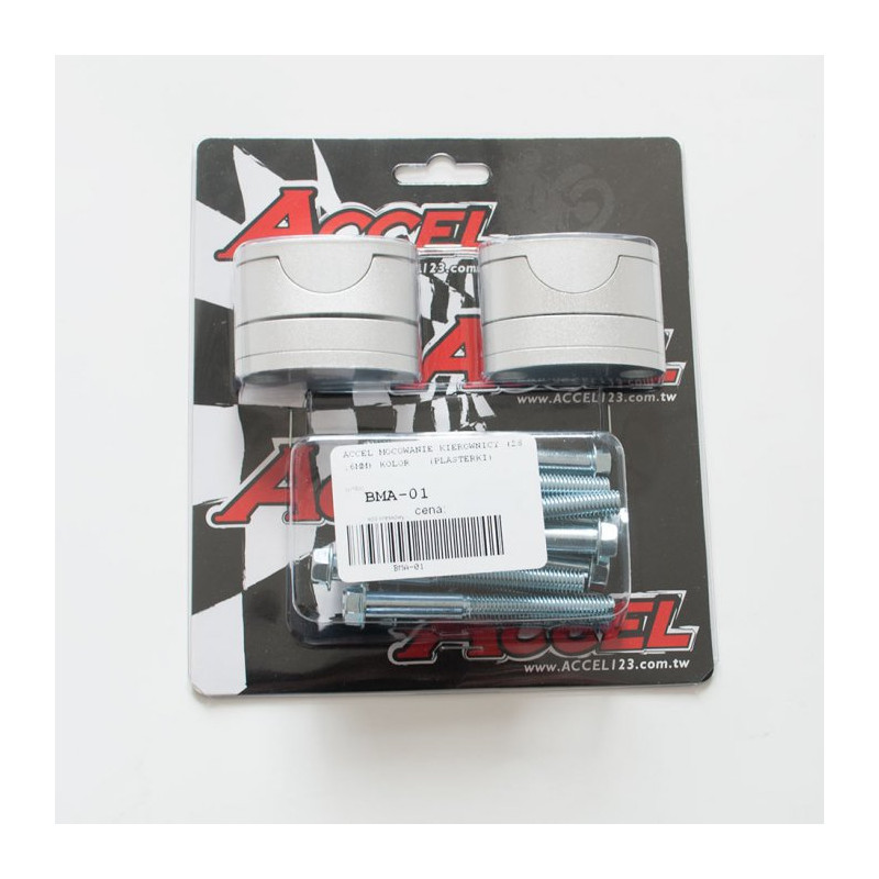 ACCEL MOCOWANIE/PODWYŻKI KIEROWNICY (DÓŁ-28,6/GÓRA-28,6MM) (PLASTERKI 18+5+10+6=39MM) KOLOR SREBRNY (BMA-01SV)